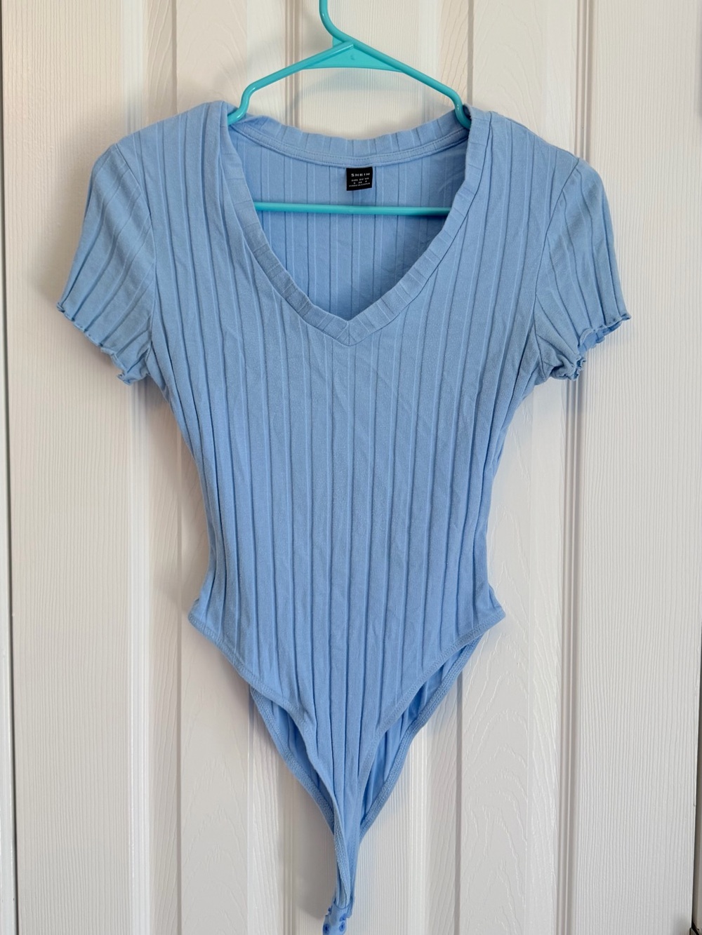 SHEIN Light Blue Ribbed V-Neck Short Sleeve Bodysuit